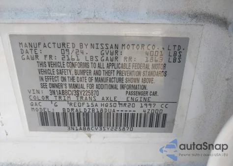 2025 Nissan Sentra Sv from USA, damaged, VIN 3N1AB8CV3SY225870